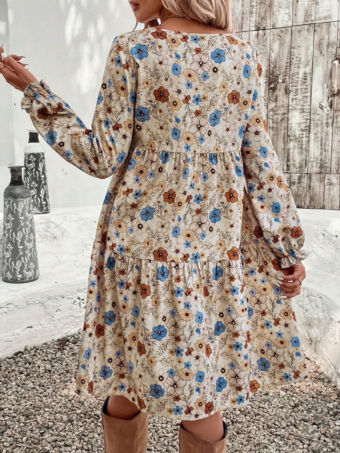 Tiered Floral Round Neck Long Sleeve Dress