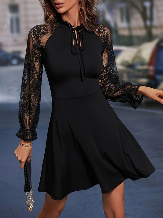 Full Size Lace Tie Neck Flounce Sleeve Dress