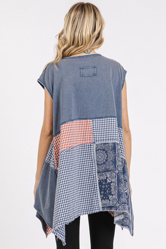 Mittoshop Patchwork Mineral Washed Round Neck Cap Sleeve Top *
