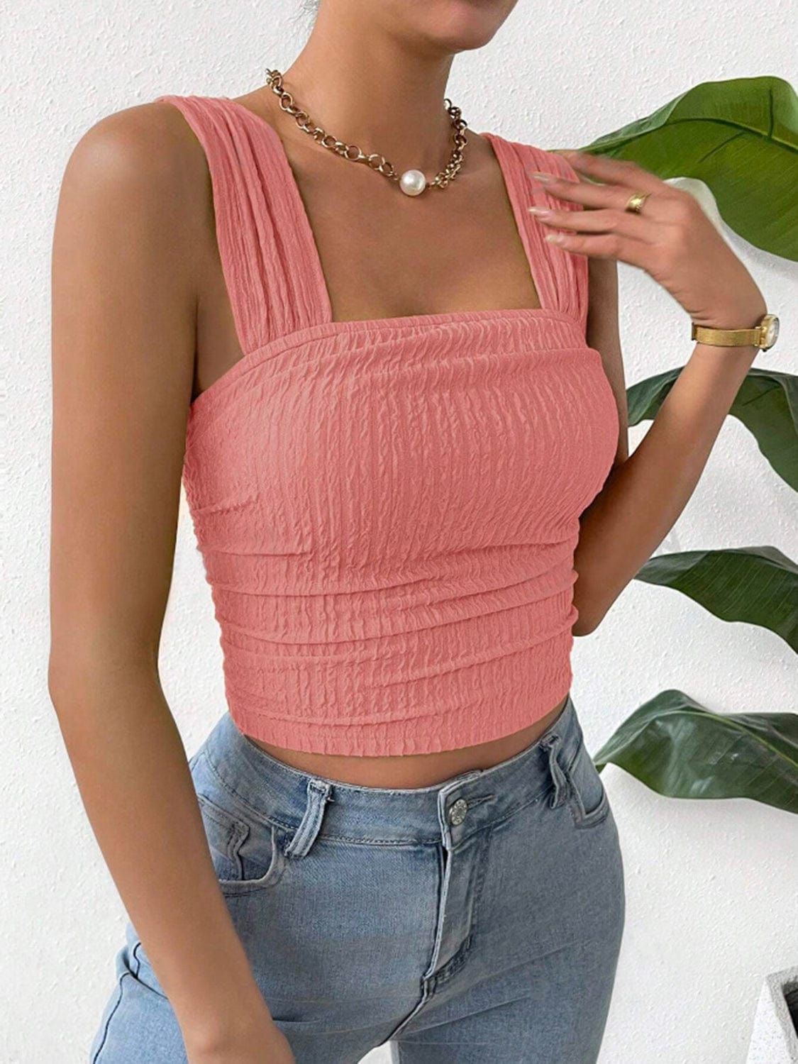 Full Size Textured Square Neck Wide Strap Tank