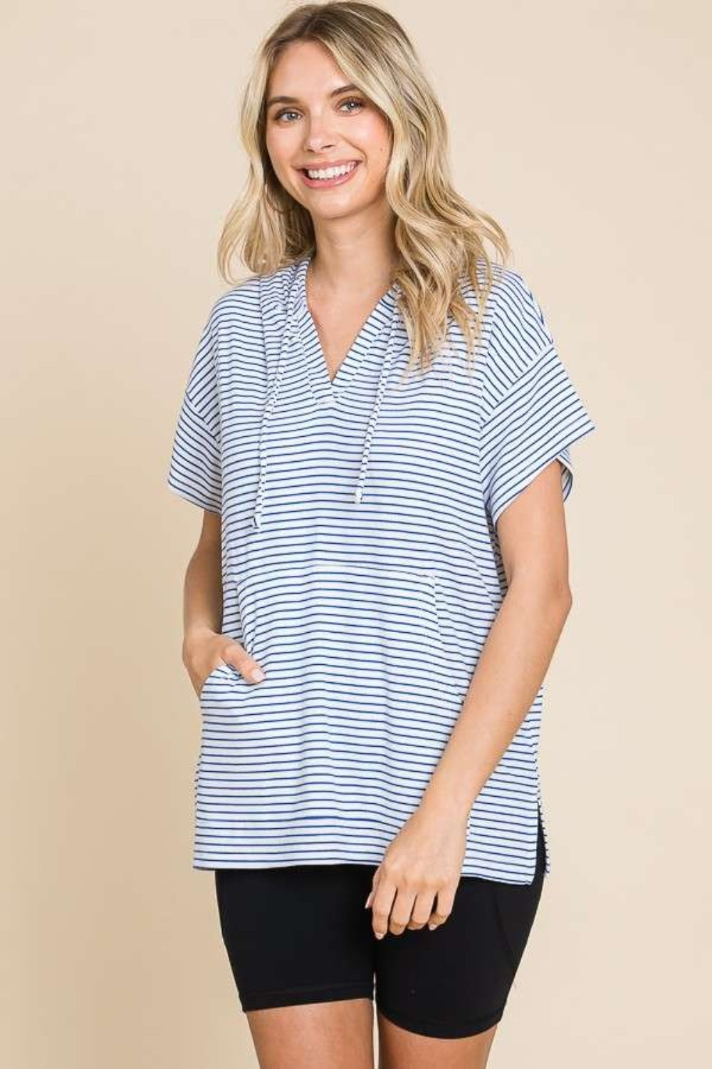 Culture Code Full Size Striped Short Sleeve Hooded Top *