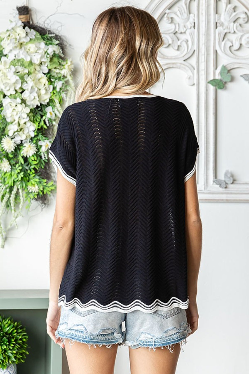 First Love Full Size Contrast Wavy Crochet Drop Shoulder Knit Top *