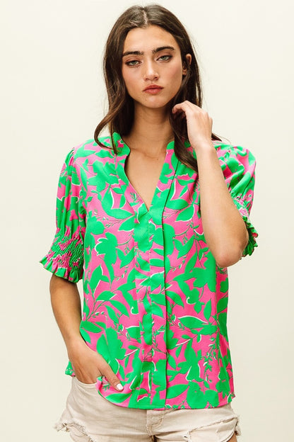 BiBi Smocked Cuff Floral Contrast Top - Brand BiBi