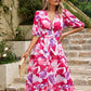 Smocked Printed V-Neck Half Sleeve Midi Dress