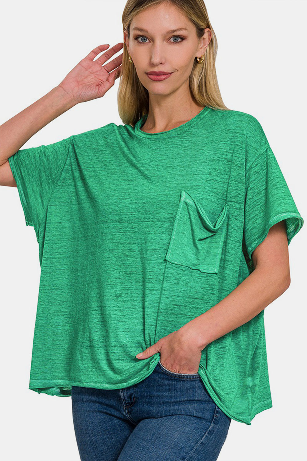 Zenana Pocketed Round Neck Dropped Shoulder T-Shirt *
