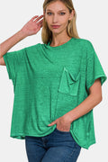 Zenana Pocketed Round Neck Dropped Shoulder T-Shirt *
