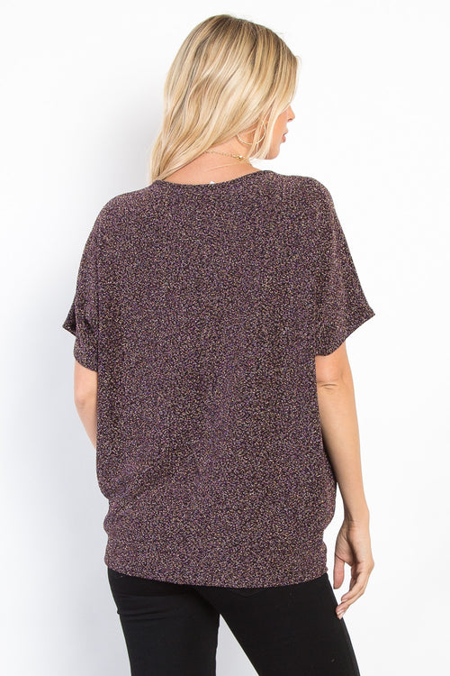 Be Stage Full Size Lurex Center Elastic Cinched Knit Top *