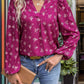 Ruffled Printed Notched Long Sleeve Blouse