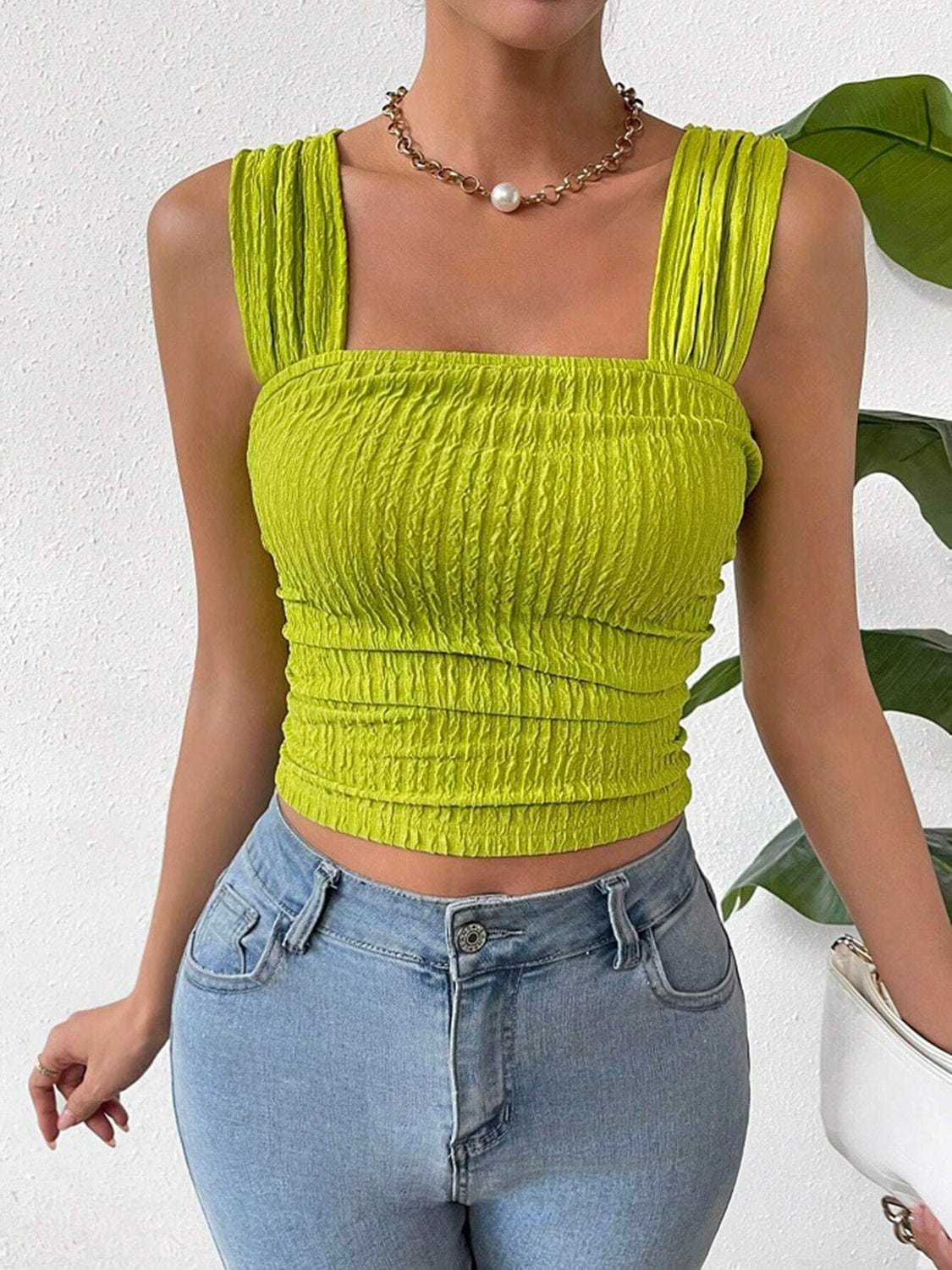 Full Size Textured Square Neck Wide Strap Tank