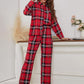 Plaid Collared Neck Long Sleeve Top and Pants Lounge Set