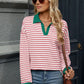 Striped Johnny Collar Long Sleeve Sweatshirt