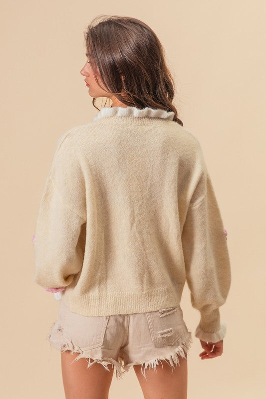 BiBi Ruffled Crochet Flower Dropped Shoulder Sweater - Brand BiBi