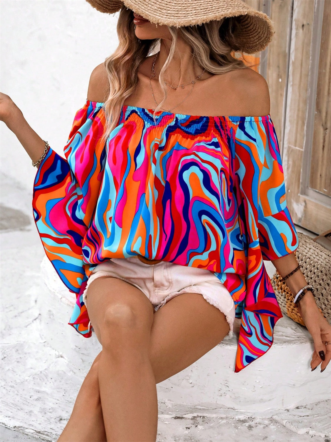 Printed Off-Shoulder Deep Rose Blouse