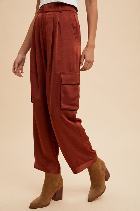 Annie Wear Wide Leg Cargo Satin Pants