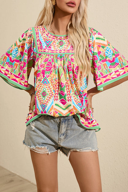 Full Size Printed Round Neck Half Sleeve Blouse