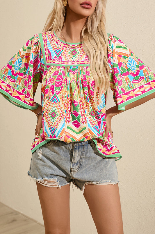 Full Size Printed Round Neck Half Sleeve Blouse