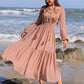 Embroidered Polka Dot Tie Neck Long Sleeve Midi Dress