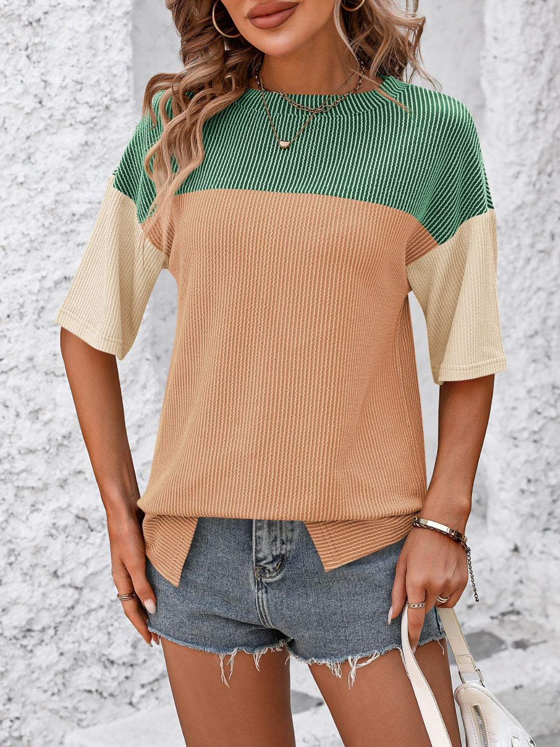 Full Size Color Block Round Neck Half Sleeve T-Shirt