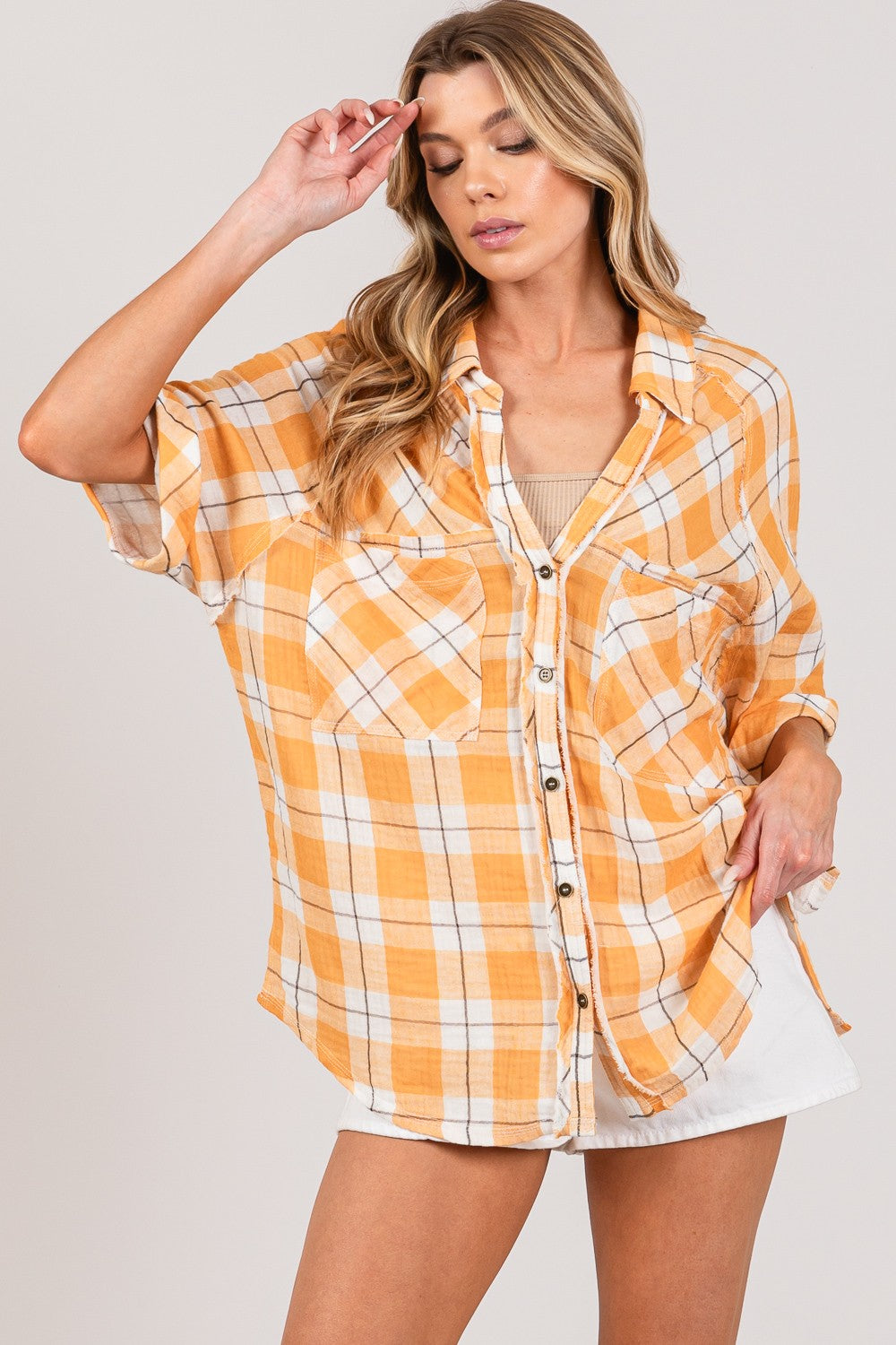 SAGE + FIG Plaid Apricot Button Up Side Slit Shirt *
