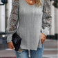 Side Slit V-Neck Lace Long Sleeve T-Shirt