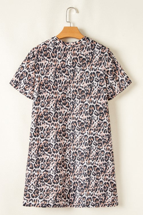 Leopard Round Neck Short Sleeve Mini Dress