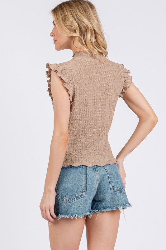 Ces Femme Texture Mock Neck Ruffle Cap Sleeve Blouse *