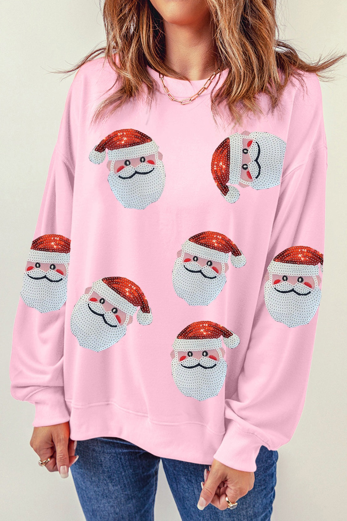 Christmas Themed Sequin Santa Patch Round Neck Sweatshirt