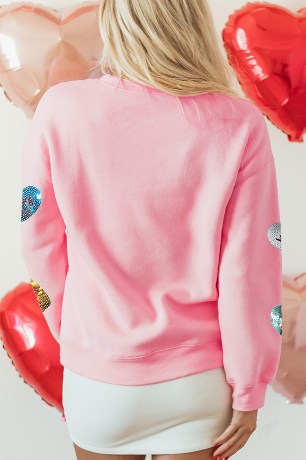 Valentine’s Day Blush Pink Sequin Heart Round Neck Long Sleeve Sweatshirt