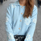 Pearl Trim Collared Neck Long Sleeve Cardigan