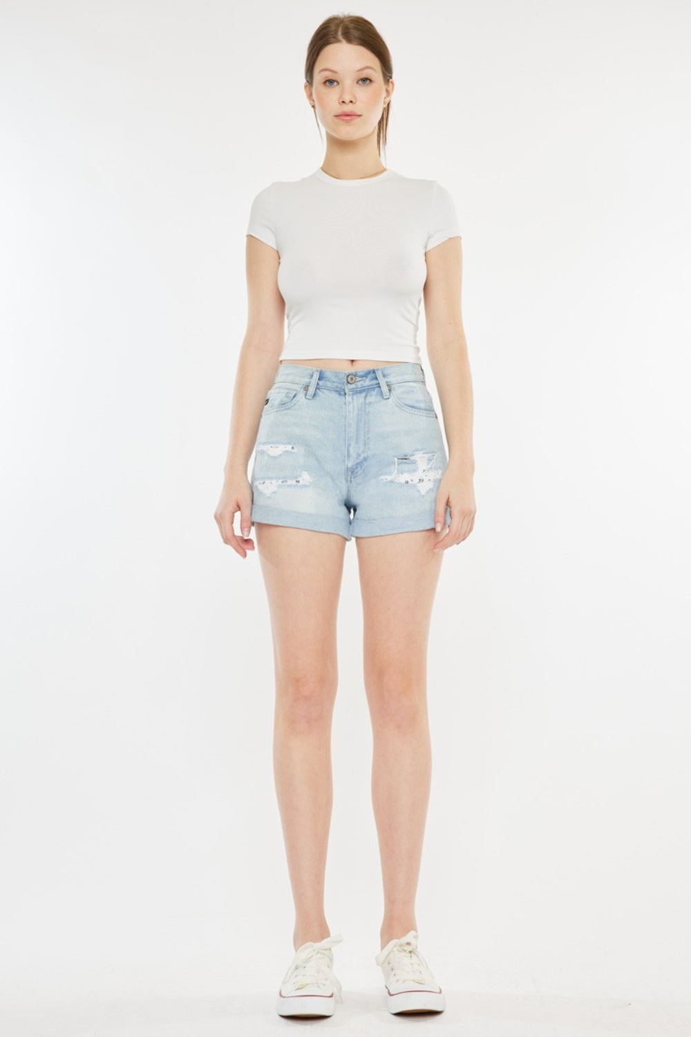 Kancan High Rise Repaired Mom Denim Shorts *