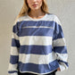 Oh Pima Cotton Wash Exposed Seam Contrast Striped Round Neck Long Sleeve T-Shirt