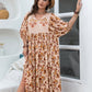 Plus Size Floral Printed Tie Neck Half Sleeve Midi Dress