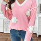 Perfee Flower V-Neck Long Sleeve Sweater