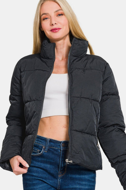Zenana Zip Up Turtleneck Puffer Jacket with Pockets- Brand Zenana