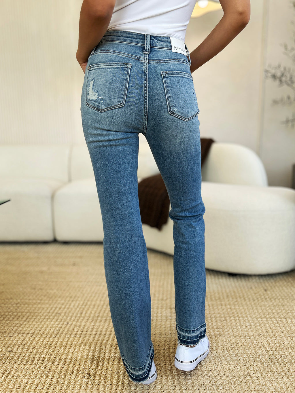 Judy Blue Full Size Mid Rise Destroyed Hem Distressed Jeans *