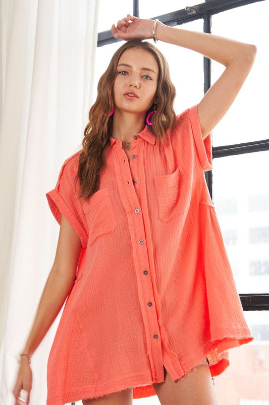 ADORA Raw Hem Collared Neck Button Down Shirt *