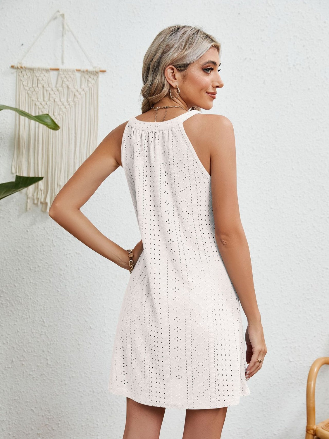 Eyelet Grecian Neck Mini Dress