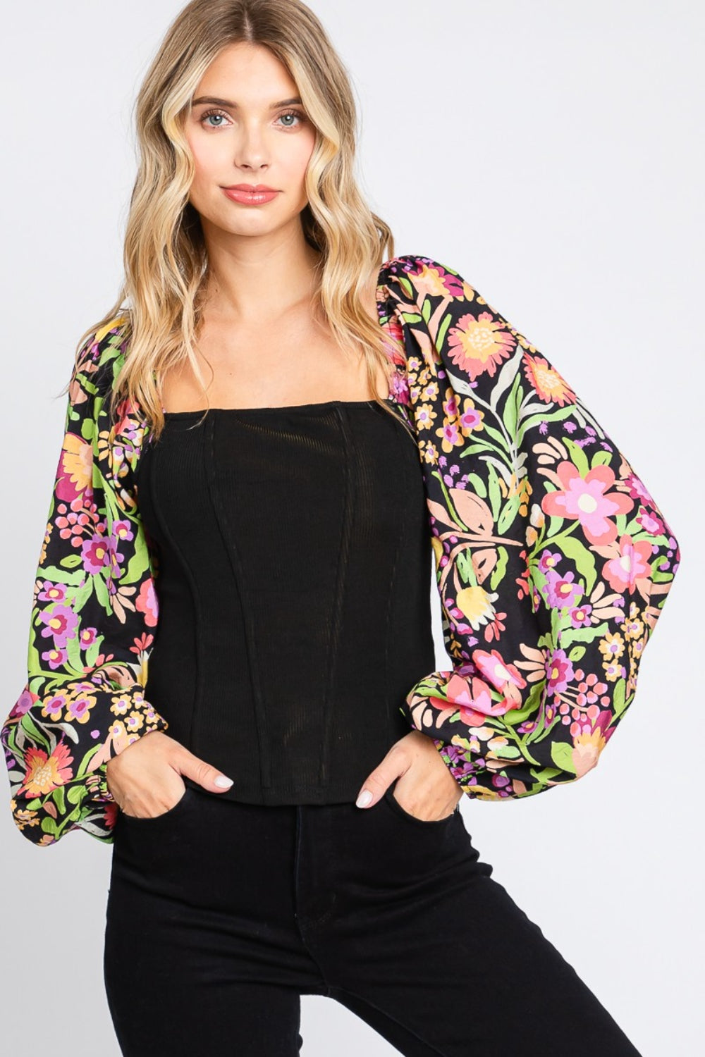 ODDI Full Size Floral Balloon Sleeve Blouse *