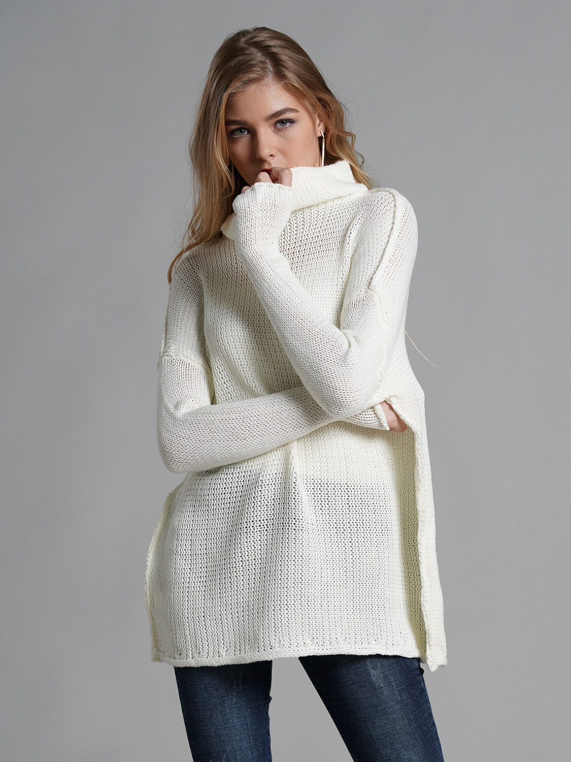 Turtleneck Dropped Shoulder Long Sleeve Sweater