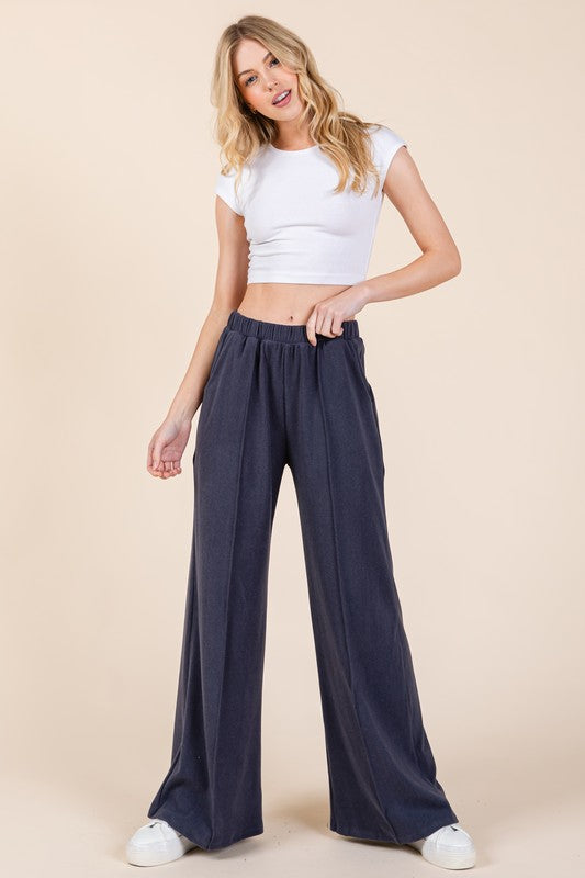 BOMBOM Elastic Waist Wide Leg Pants with Pockets