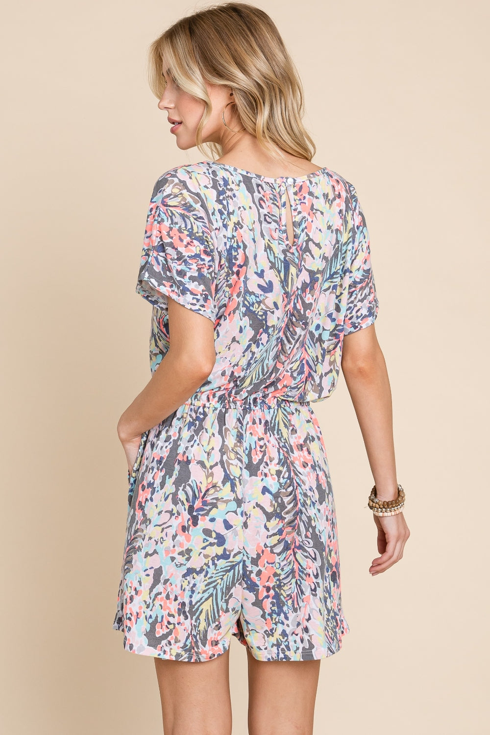 BOMBOM Printed Short Sleeve Drawstring Romper *