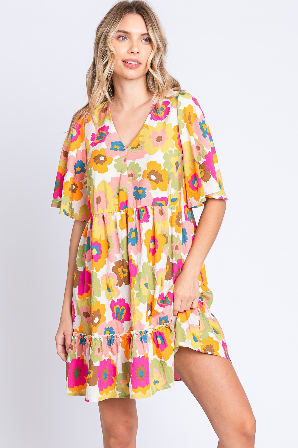 GeeGee Floral V-Neck Ruffle Hem Mini Dress *