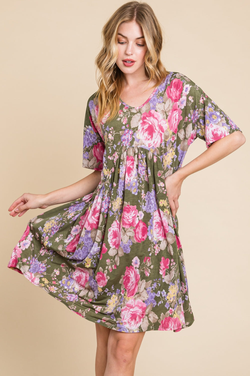 BOMBOM Flower Print V-Neck Ruched Dress *