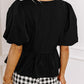 Cutout Round Neck Puff Sleeve Blouse