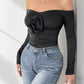 Perfee Ruched Flower Off-Shoulder Long Sleeve Bodysuit