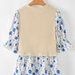 Waffle-Knit Printed Round Neck Flounce Sleeve Blouse