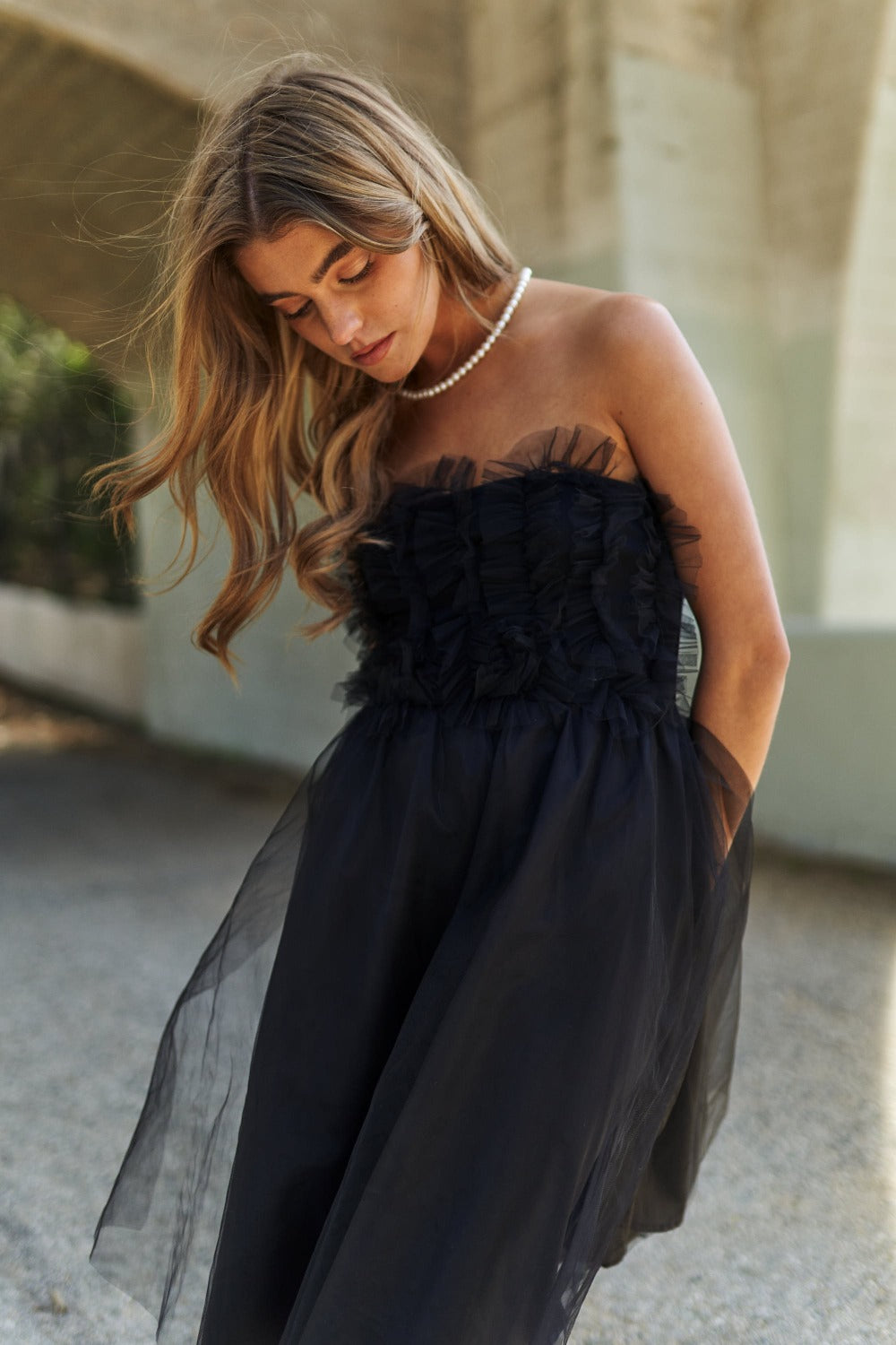 J.NNA Mesh Ruffle Tube Top Swing Dress *