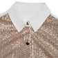 Perfee Sequin Contrast Collared Neck Long Sleeve Shirt