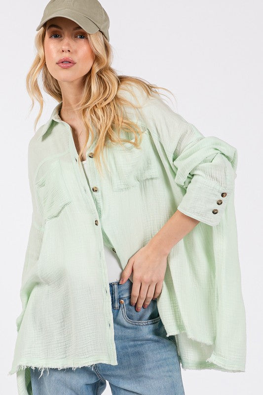 SAGE + FIG Frayed Hem Side Slit Button Down Shirt