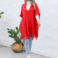 Fringe Trim Buttoned Hooded Poncho